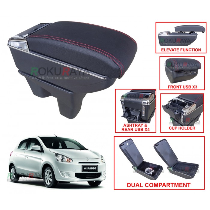 Mitsubishi Mirage (6th Gen) 2012 Custom Fit Multi Purpose USB Chrome Redline Leather Arm Rest